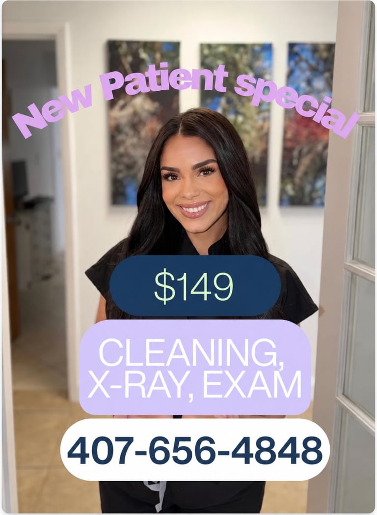 Woman in dental office promoting new patient special: $149 cleaning, x-ray, and exam with phone number 407-656-4848